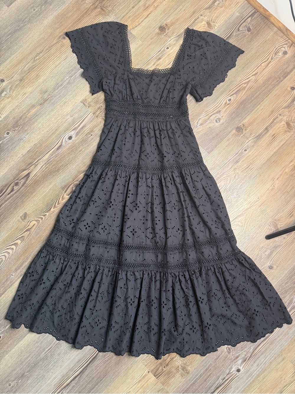 Anthropologie Black Eyelet Tiered Midi Dress